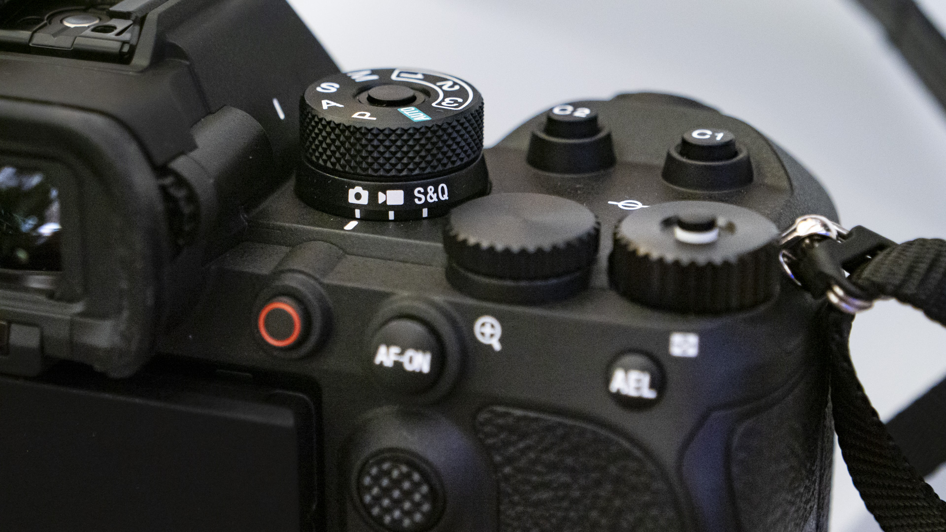 Close up of the control dials on the top plate of the Sony A9 III