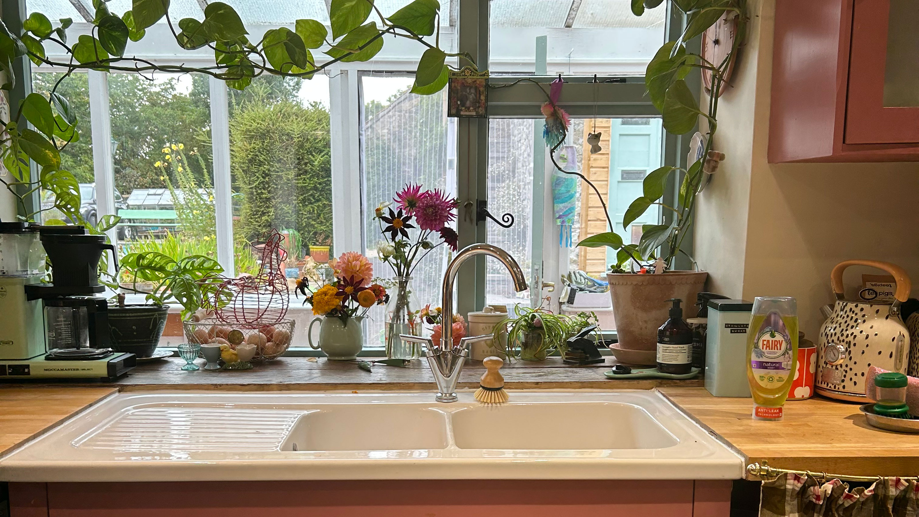 Country kitchen sink framed with bunches of flowers and trailing plants, with window looking out into conservatory and garden in distance