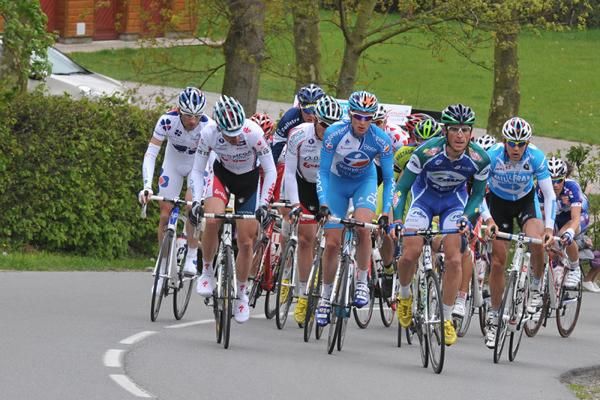 The breakaway races up the third climb in the final stage of the Four Days of Dunkirk.