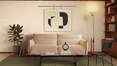 Image of a white boucle sofa in a modern, mid-century style living room. There is a wooden bookcase, a plant, a green rug, and a glass coffee table in the room.