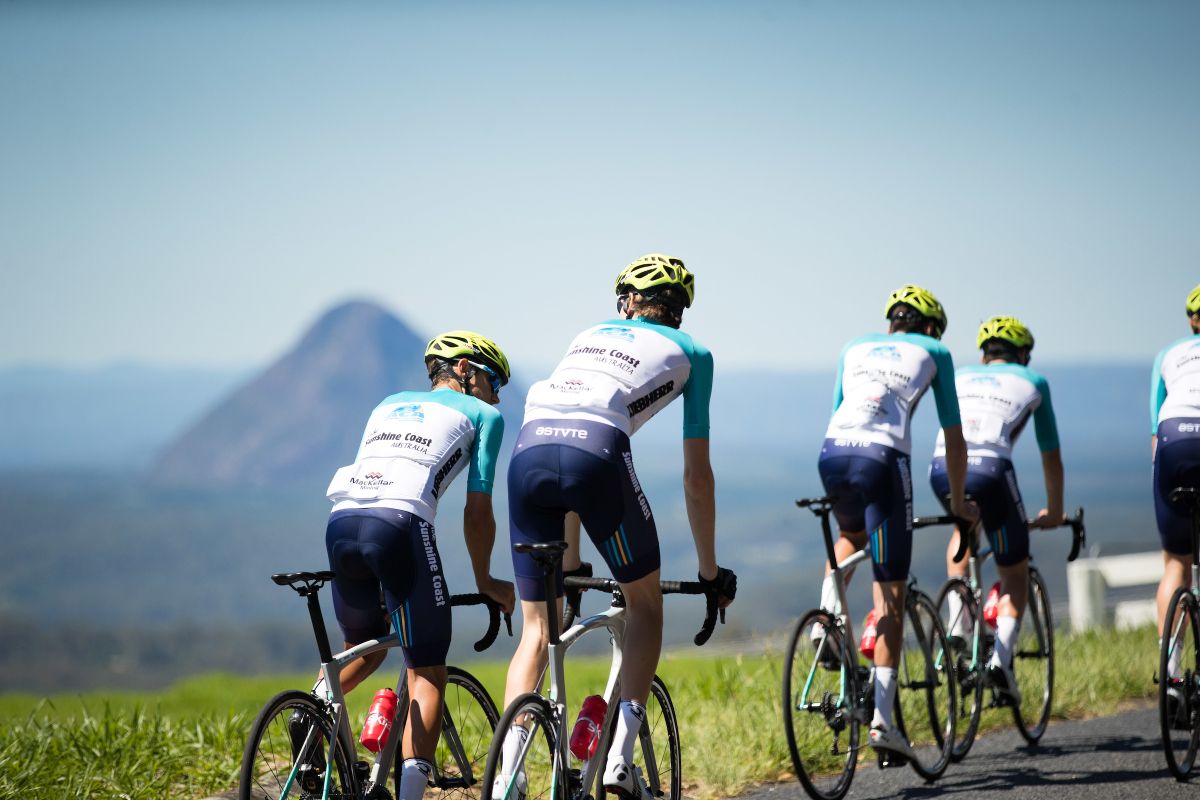 The ACA-Ride Sunshine Coast team ride past the Glass House Mountains