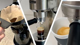 Split image of person putting filter in drip coffee machine, and espresso machine dispensing coffee