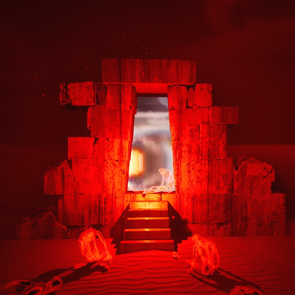 Creepy stone structure in Sleep Awake that appears to be in a land filled with nothing but sand. There are a few ghostly bodies strew around on the outside, and the scene is lit with an ominous red hue.