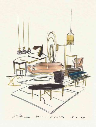 A sketch featuring pieces of furniture from Bruno's collection, signed and dated by artist