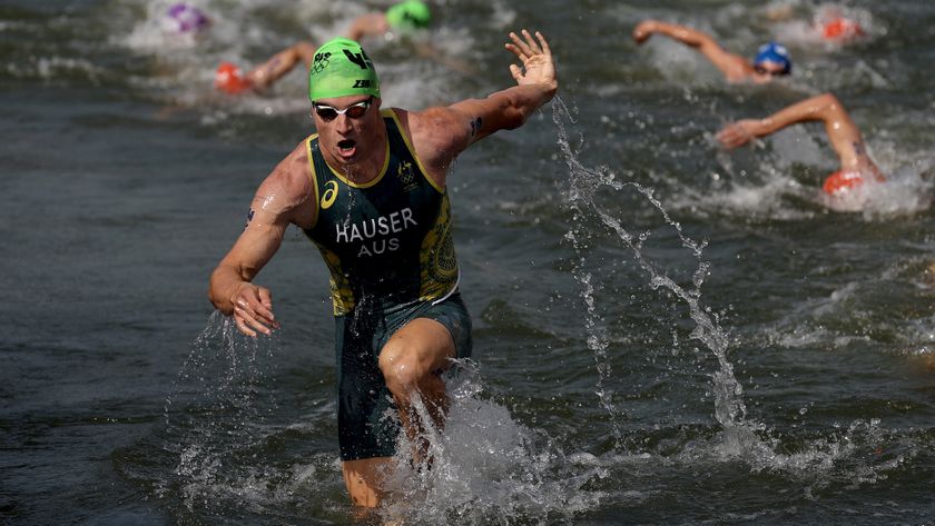  Matthew Hauser of Team Australia competes during Men's Individual Triathlon on day five of the Olympic Games Paris 2024 at Pont Alexandre III on July 31, 2024 in Paris, France.