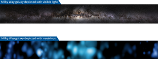 Two images of the Milky Way galaxy. The top was made with visible light and the bottom with neutrinos.