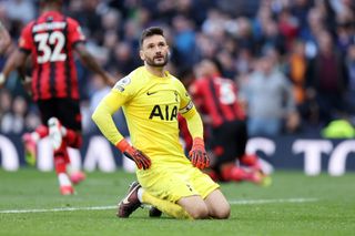 Hugo Lloris of Tottenham Hotspur reacts after Dango Ouattara of AFC Bournemouth (not pictured) scored their sides third goal during the Premier League match between Tottenham Hotspur and AFC Bournemouth at Tottenham Hotspur Stadium on April 15, 2023 in London, England.
