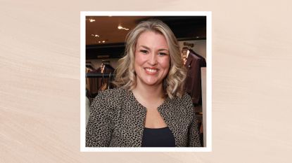 Image of Sara Davies smiling with a curly blonde bob and wearing a leopard print jacket on a beige background