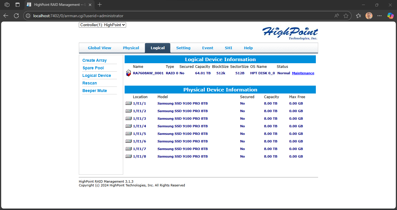 HighPoint RocketAIC 7608AW