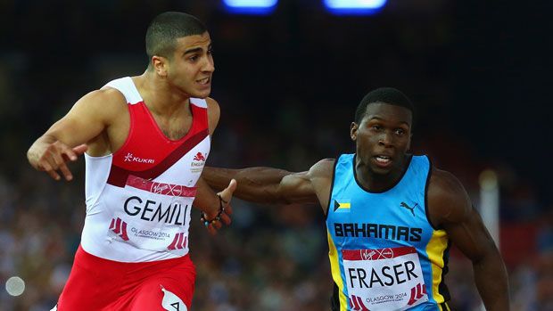 Adam Gemili crosses the line at Hampden Park