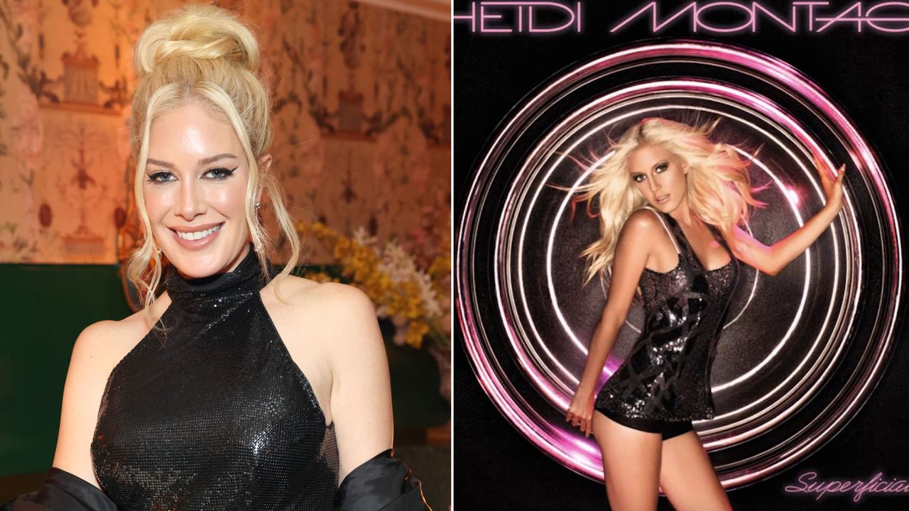 Heidi Montag wears a black sequin dress and has her blonde hair in an updo, and Heidi Montag&#039;s Superficial album cover