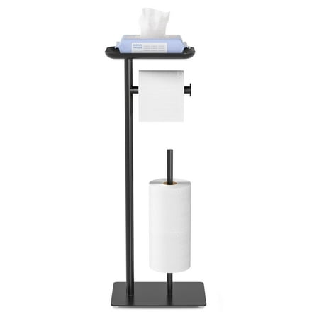Niffgaff Toilet Paper Holder Stand With Top Storage Shelf, Black Toilet Paper Roll Holder Free Standing, Floor Standing Toilet Roll Dispenser Storages 4 Reserve Rolls