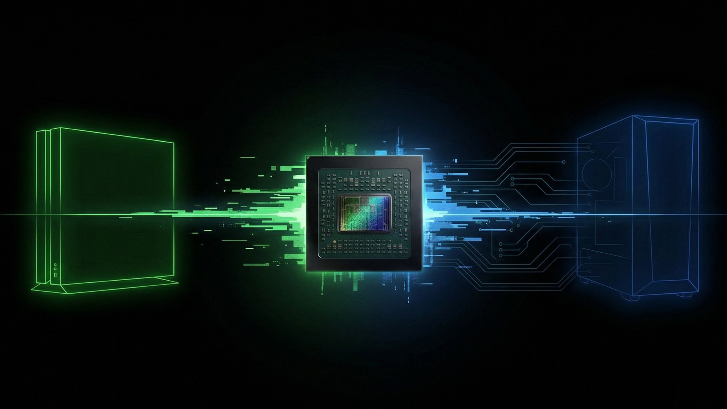 Mockups showing a divide between PC and gaming console dissolving around a chip.