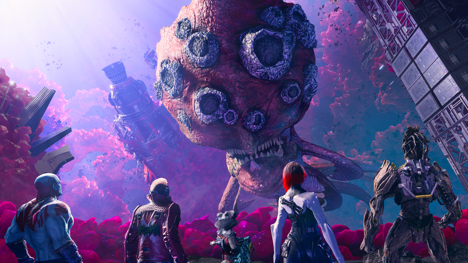 The Guardians staring at a giant alien monster