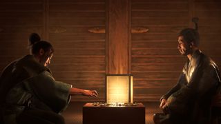 Kuroda Kanbei and Ukito Naoie play Go and talk by lamplight in Assassin's Creed Shadows