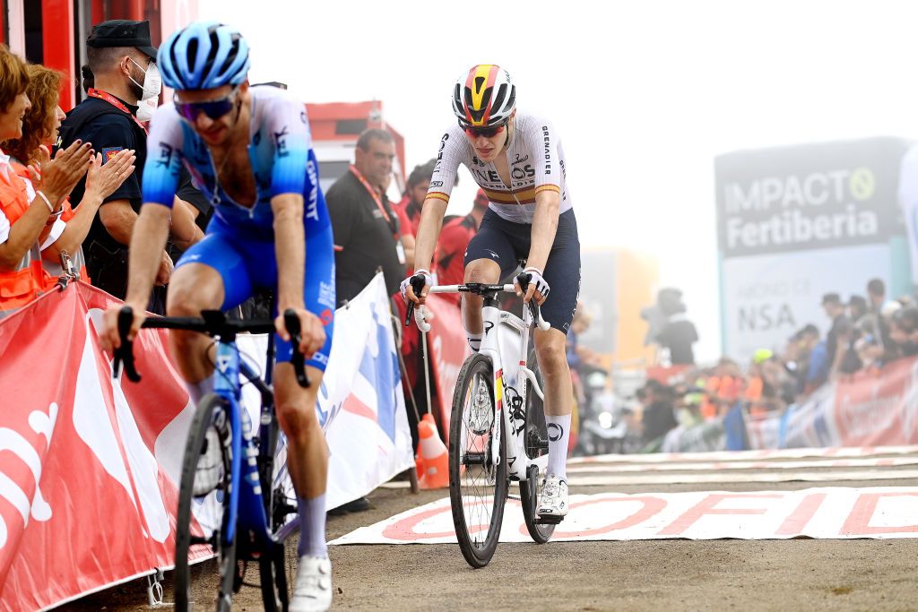 COLLU FANCUAYA SPAIN AUGUST 27 Carlos Rodriguez Cano of Spain and Team INEOS Grenadiers crosses the finish line during the 77th Tour of Spain 2022 Stage 8 a 1534km stage from Pola de Laviana to Collu Fancuaya 1084m LaVuelta22 WorldTour on August 27 2022 in Collu Fancuaya Spain Photo by Tim de WaeleGetty Images