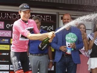 Neilson Powless in pink after stage 1 at the 2017 Baby Giro