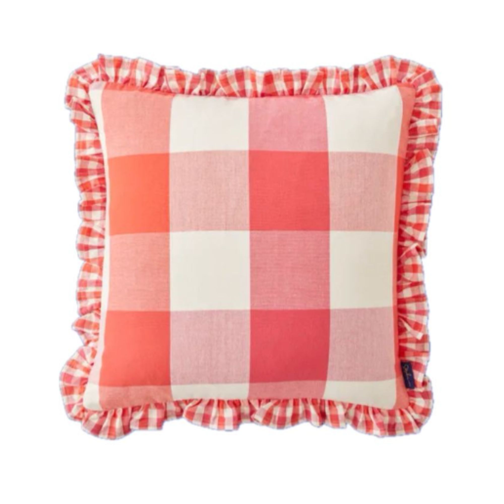 A pink, red and white gingham cushion with a frill edge