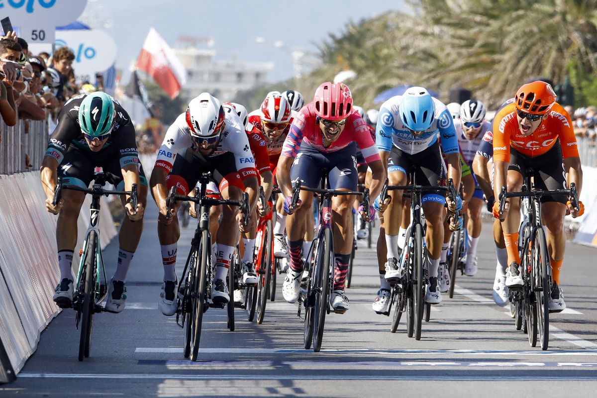 Tirreno Adriatico 2020 55th Edition 1st stage Lido di Camaiore Lido di Camaiore 133 km 07092020 Pascal Ackermann GER Bora Hansgrohe Fernando Gaviria COL UAE Team Emirates Magnus Cort DEN EF Pro Cycling photo Roberto BettiniBettiniPhoto2020