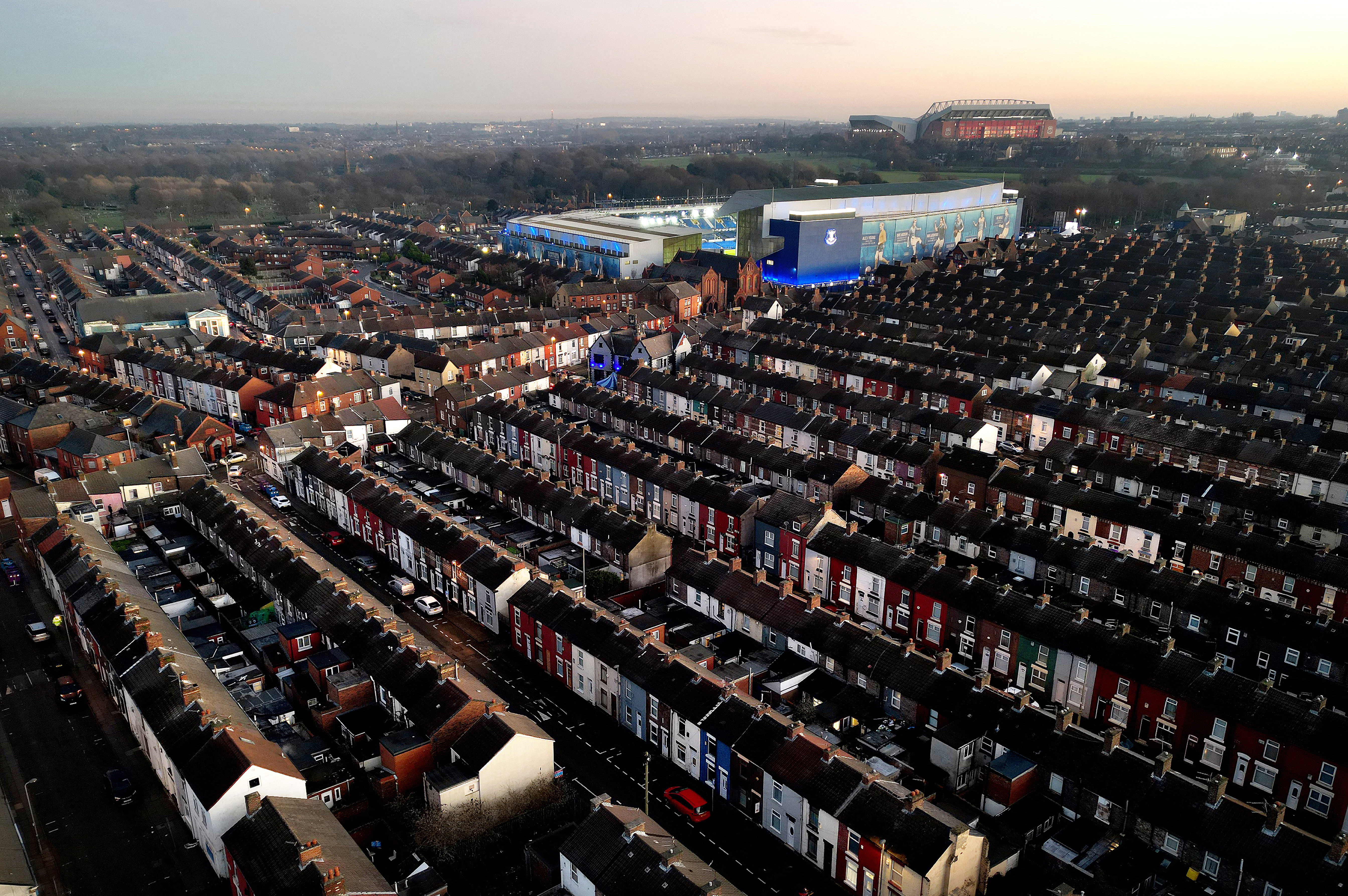 An aerial shot of Goodison Park and its surrounding streets