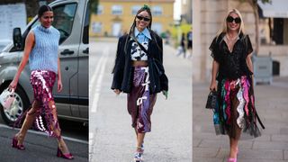 street style images of three women wearing sequin midi skirts