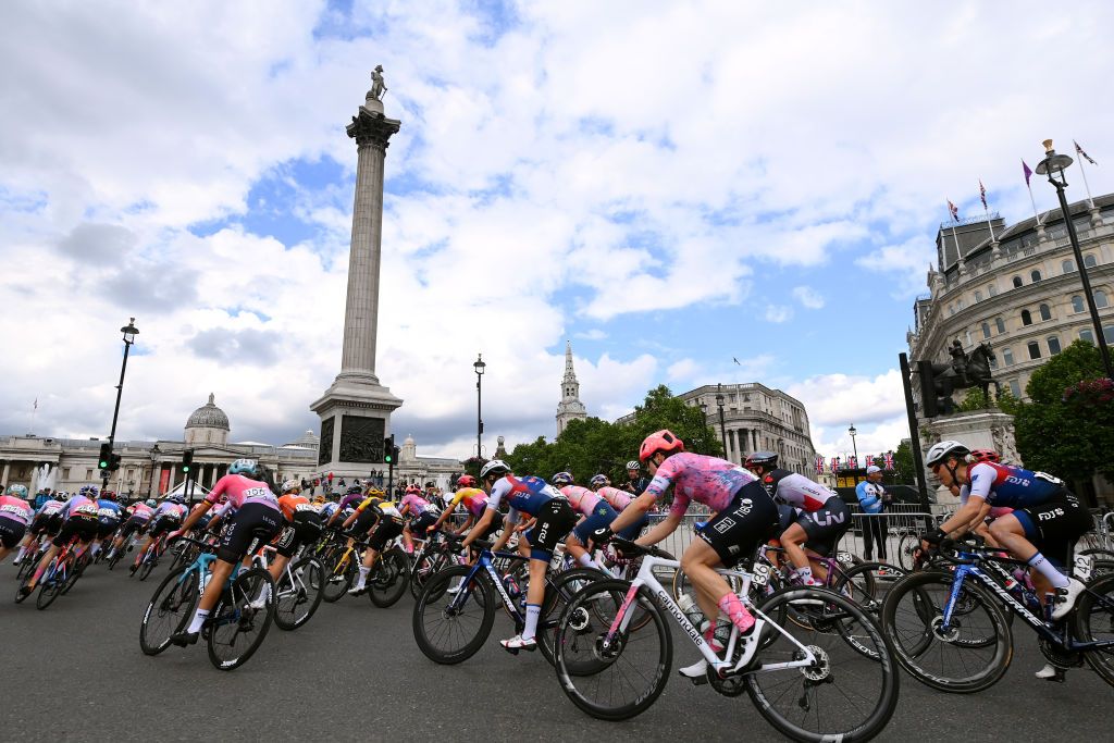 LONDON ENGLAND MAY 29 LR Brodie Chapman of Australia and Team FDJ Nouvelle Aquitaine Futuroscope Tanja Erath of Germany and Team EF Education Tibco Svb Clara Copponi of France and Team FDJ Nouvelle Aquitaine Futuroscope and a general view of the Peloton passing through Trafalgar Square during the 5th RideLondon Classique 2022 Stage 3 a 835km stage from London to London RideLondon UCIWWT on May 29 2022 in London England Photo by Justin SetterfieldGetty Images