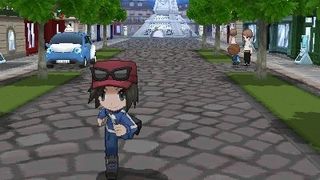 A screenshot of a trainer roller skating in Pokémon X and Y's Lumiose City.