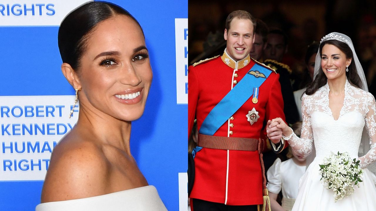 Meghan Markle&#039;s true thoughts on Prince William and Kate&#039;s wedding revealed. Seen here side-by-side with the Prince and Princess of Wales at separate occasions