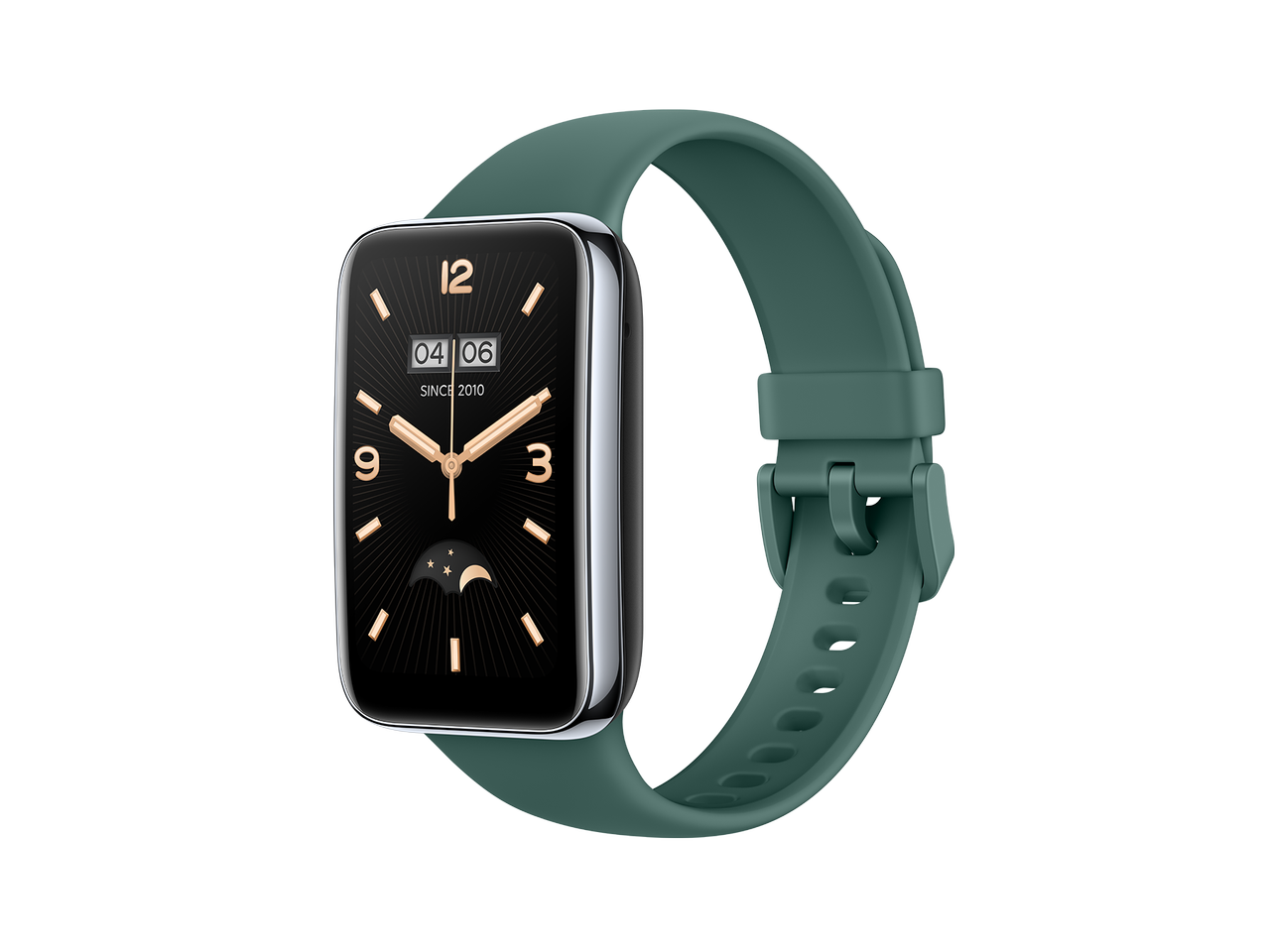 A Xiaomi Smart Band 7 Pro with a classic watch face and a green strap