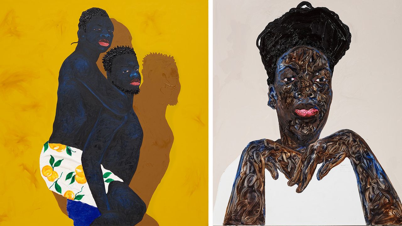 Black portraiture curated by Alayo Akinkugbe: left, painting of man giving piggy back; right, painting of woman 