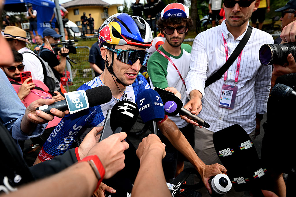 Jai Hindley of Australia and Team Red Bull - BORA - hansgrohe reacts after the 109th Giro d'Italia 2026, Stage 20 a 200km stage from Gemona del Friuli to Piancavallo