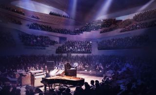 The main concert hall in the London Centre. It's made out of multiple levels with people filling all of the seats. In the center, a woman is playing piano, the spotlight is on her, while the rest of the hall is dark.