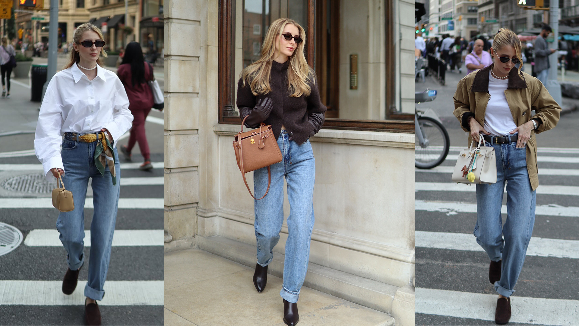 Valerie wears a tan jacket, a white shirt, and jeans. Valerie wears a brown bomber jacket, jeans, a Kelly 25 handbag, and black boots. Valerie wears a white shirt, jeans, and boots 