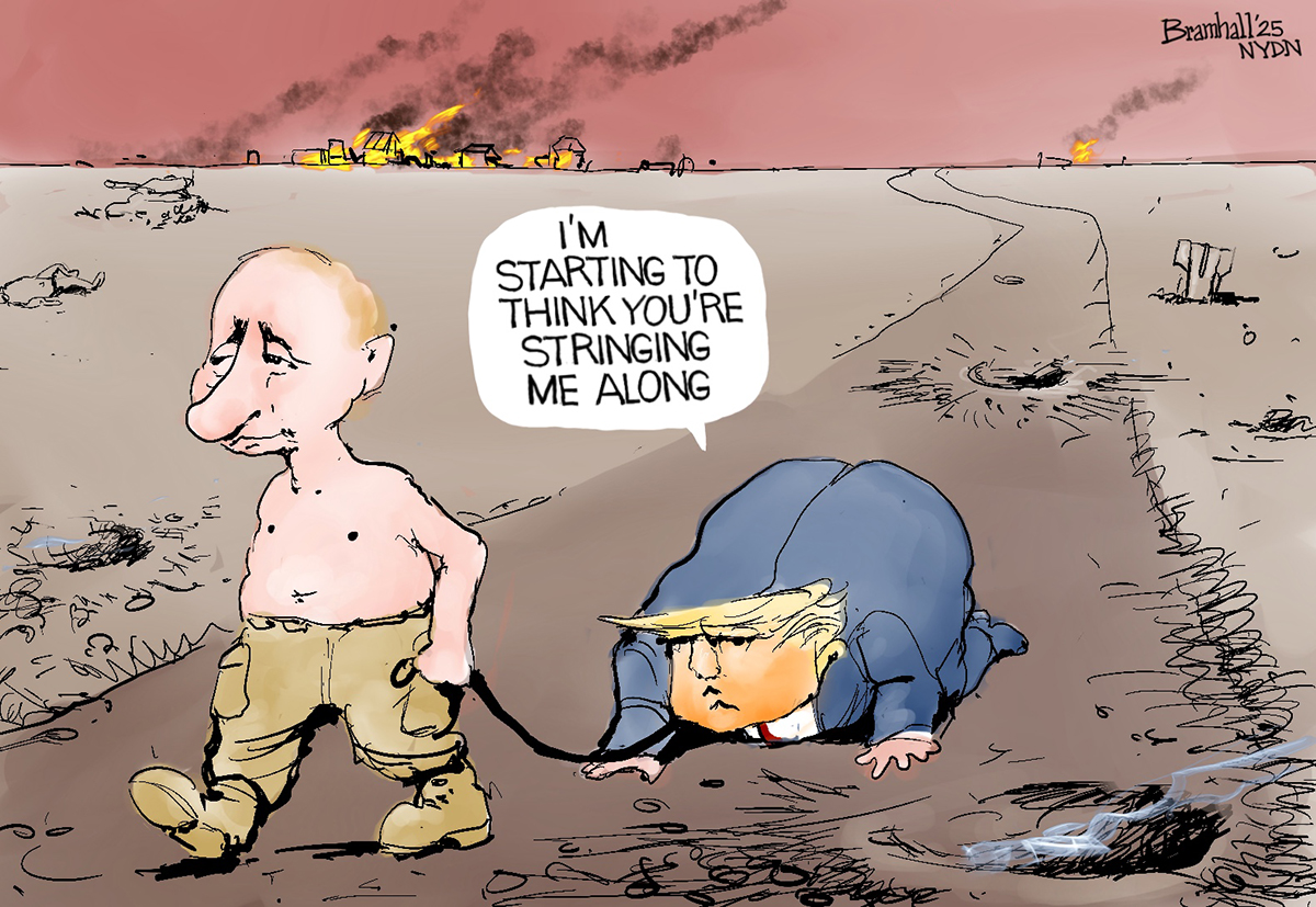 This cartoon takes place on a road in the middle of a war-torn landscape. A shirtless Vladimir Putin holds a leash attached to Donald Trump, who is walking on all fours. Trump says, “I’m starting to think you’re stringing me along.”