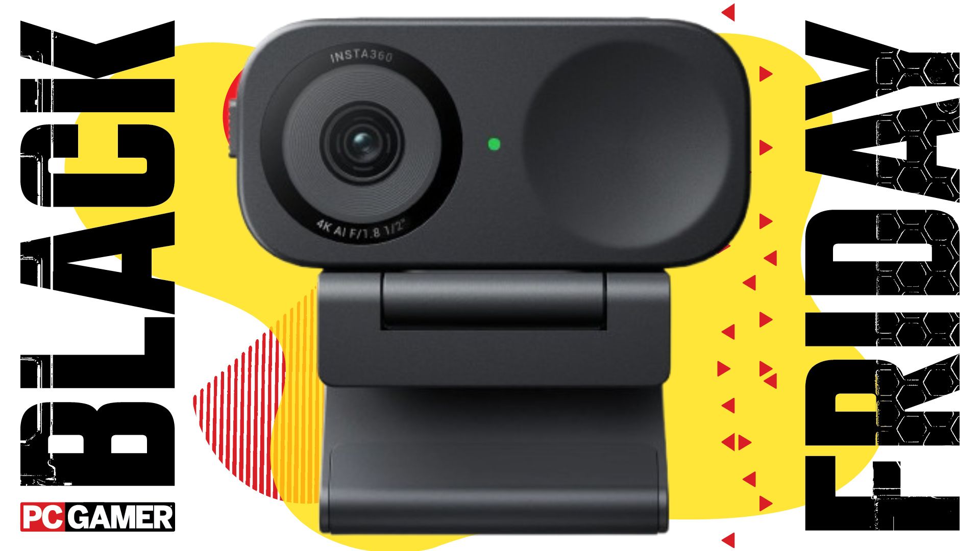 Insta360 Link 2C webcam on a yellow background with &quot;Black Friday&quot; written on the side