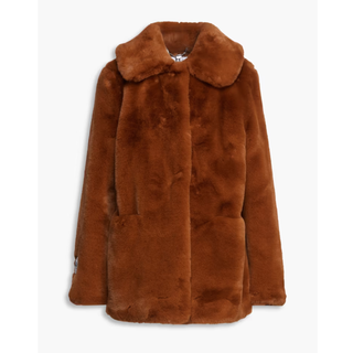 brown faux fur mid length jacket with collar