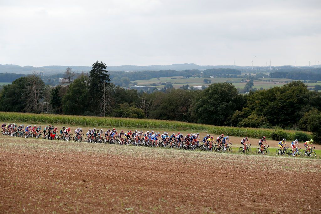 MAMER LUXEMBOURG SEPTEMBER 16 A general view of the peloton competing during the 81st SkodaTour De Luxembourg 2021 Stage 3 a 1893km stage from MondorfLesBains to Mamer 300m skodatour skodatour on September 16 2021 in Mamer Luxembourg Photo by Bas CzerwinskiGetty Images