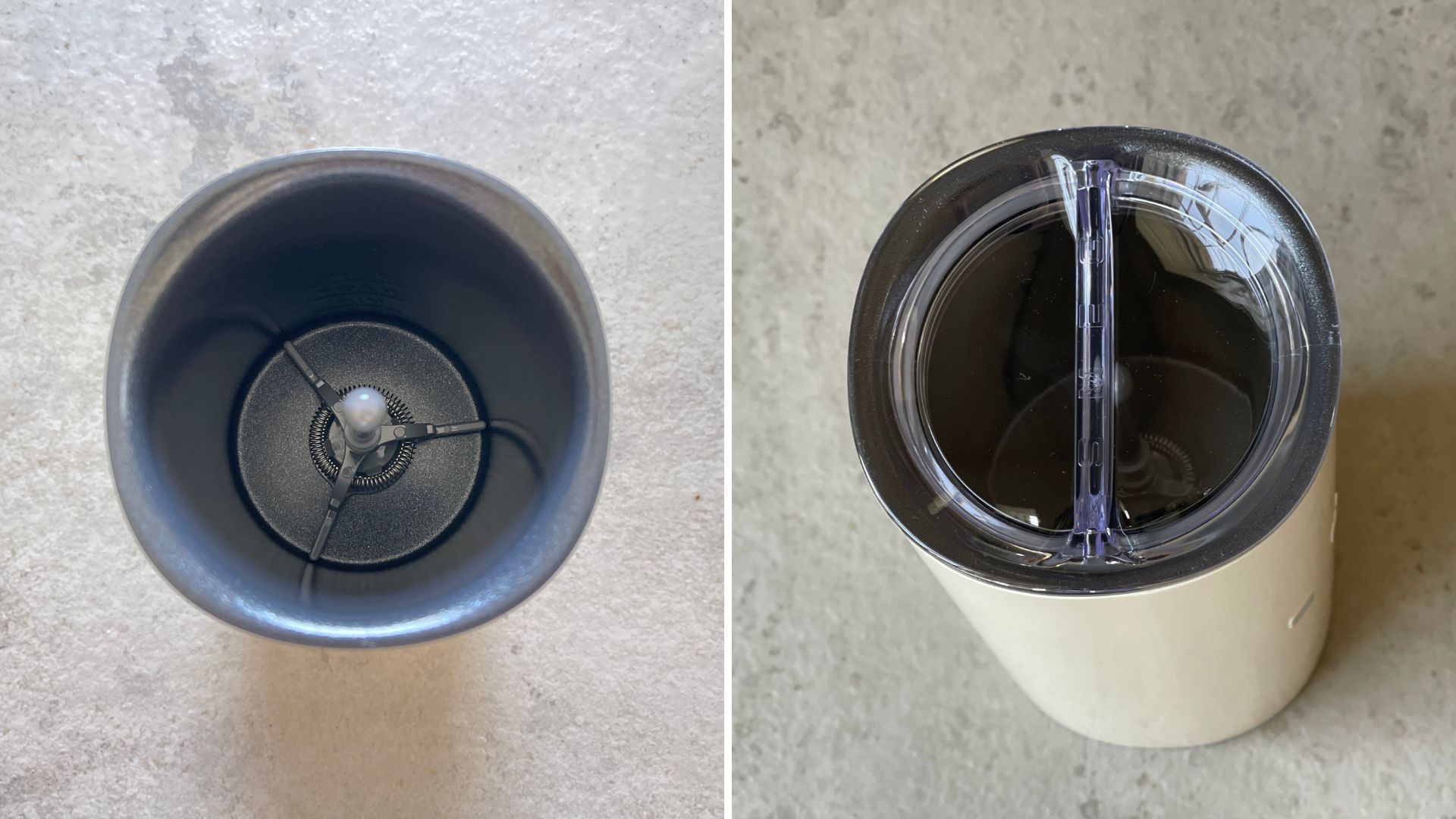 Smeg mini milk frother seen from the top, with the lid on and off