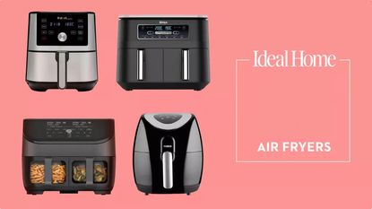 Image of four air fryers on pink background