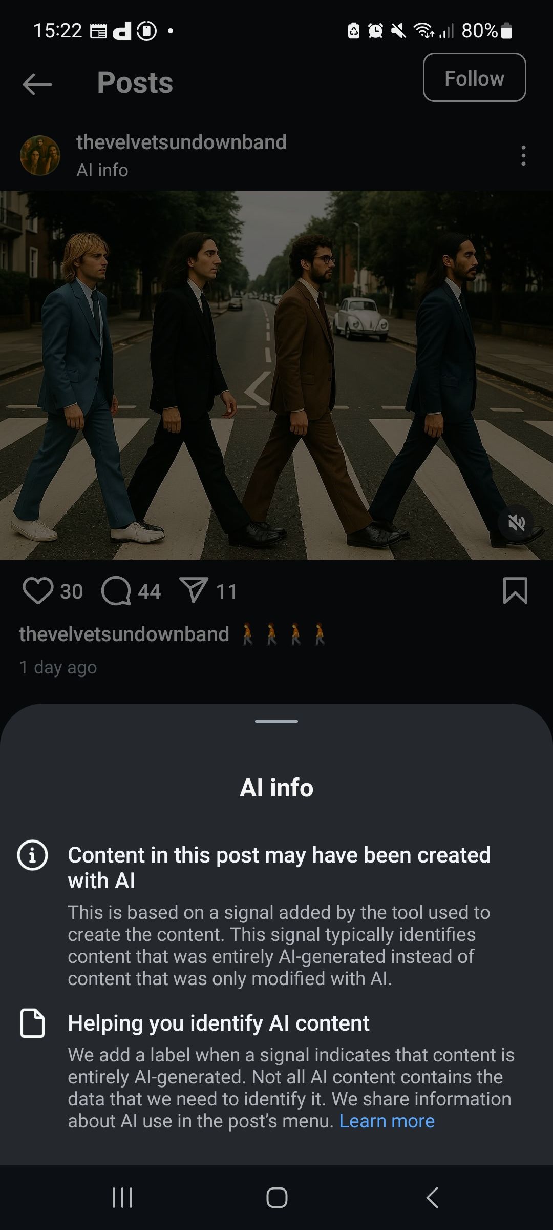 Screenshots of the social media pages purported to belong to AI-generated band The Velvet Sundown.