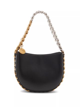 Silver and gold black leather half-moon handbag