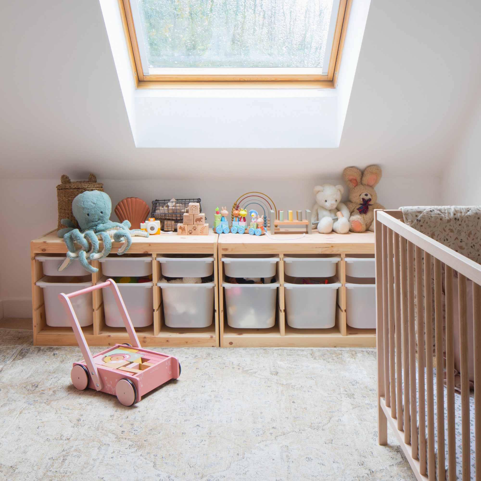 A nursery with a bin storage system and a skylight