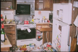 A view of damage to a kitchen in a townhouse near the Northridge Fashion Center in Southern California. According to the U.S. Geological Survey, an occupant cut her foot on glass when she ran into the kitchen area in the predawn hours after the Jan. 17, 1994 earthquake. Electrical power to the area was out at the time following the magnitude 6.8 quake.