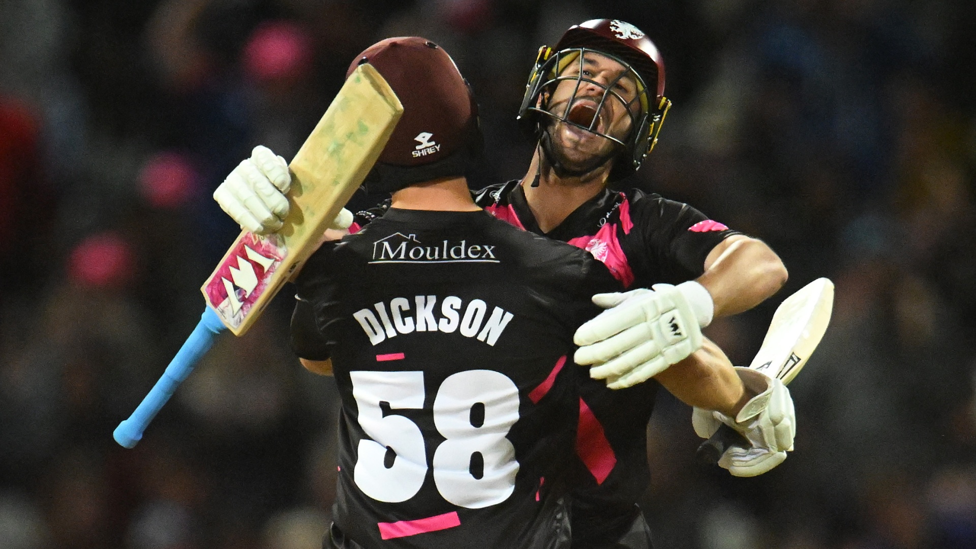 Sean Dickson and Lewis Gregory of Somerset celebrate winning the 2025 T20 Blast