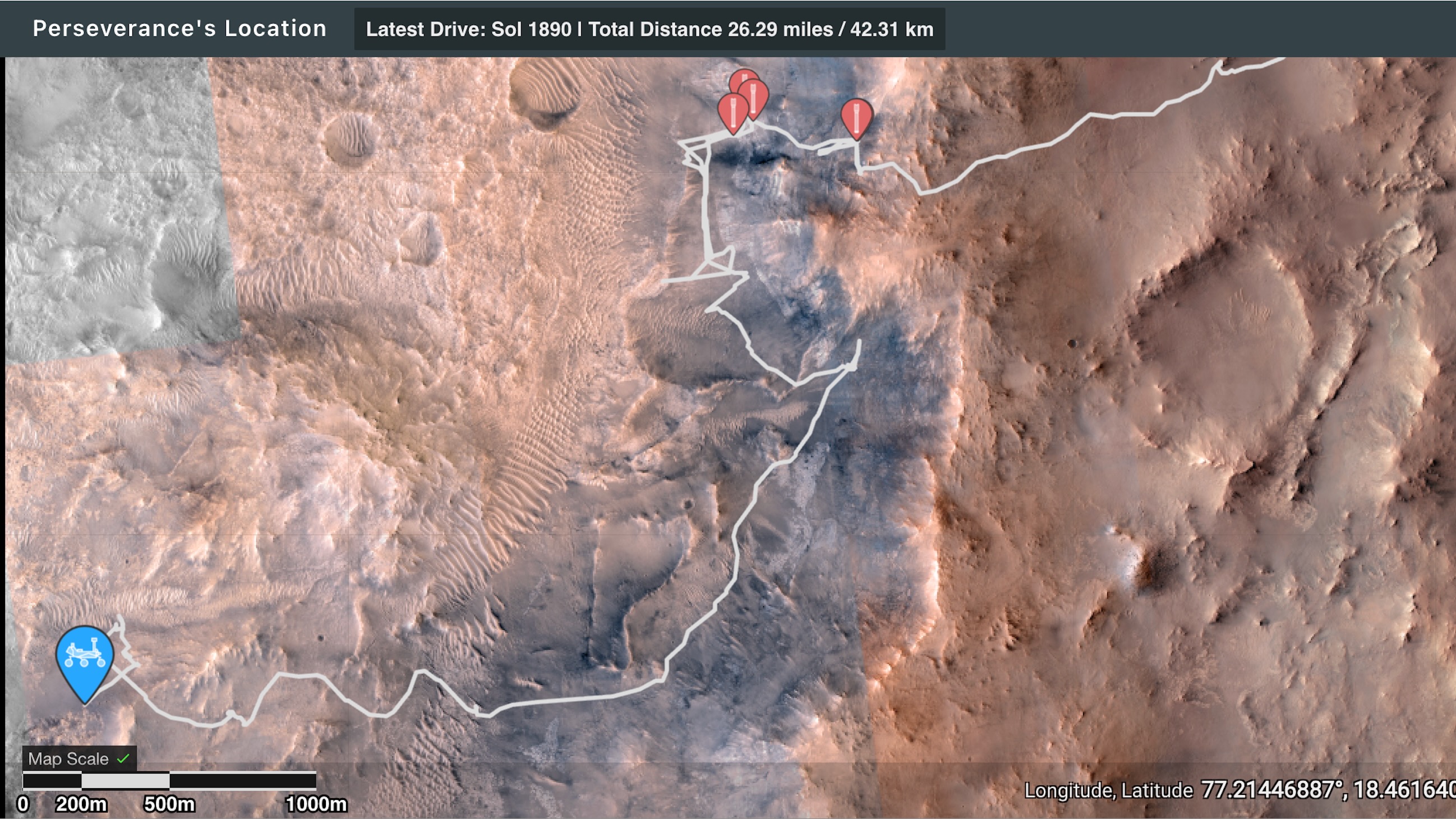 Esta captura de tela do relatório interativo da NASA "Where is Perseverance" O mapa, tirado em 17 de junho de 2026, mostra que o rover já viajou mais de 26,2 milhas (42,2 quilômetros) em Marte.