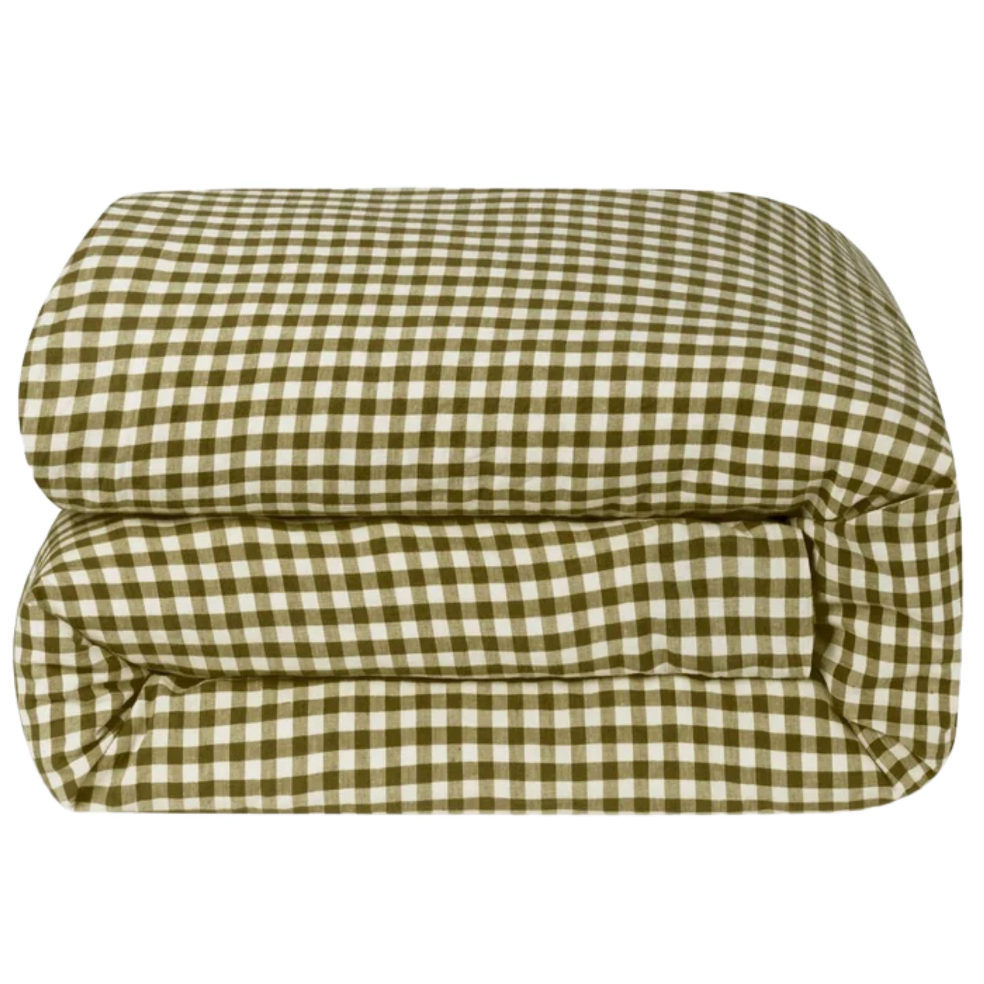 Piglet in Bed Botanical Green Gingham Linen Blend Duvet Cover