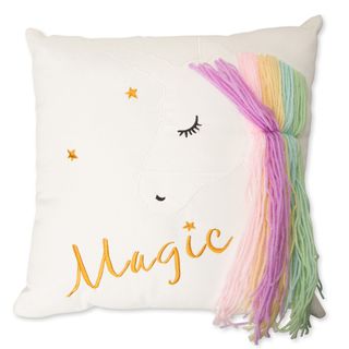white coloured cushion with unicorn design