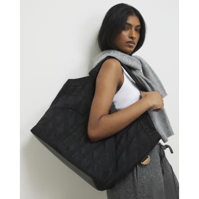 Black Padded Webbing Detail Shopper Bag