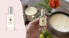 Jo Malone Mini Room Spray being held next to a cut out of a a Jo Malone Mini Room Spray next to a full size spray