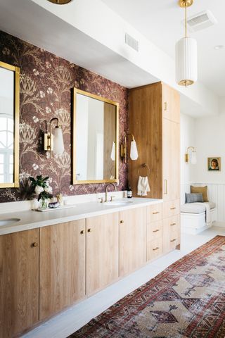 a bathroom with mulberry wallpaper